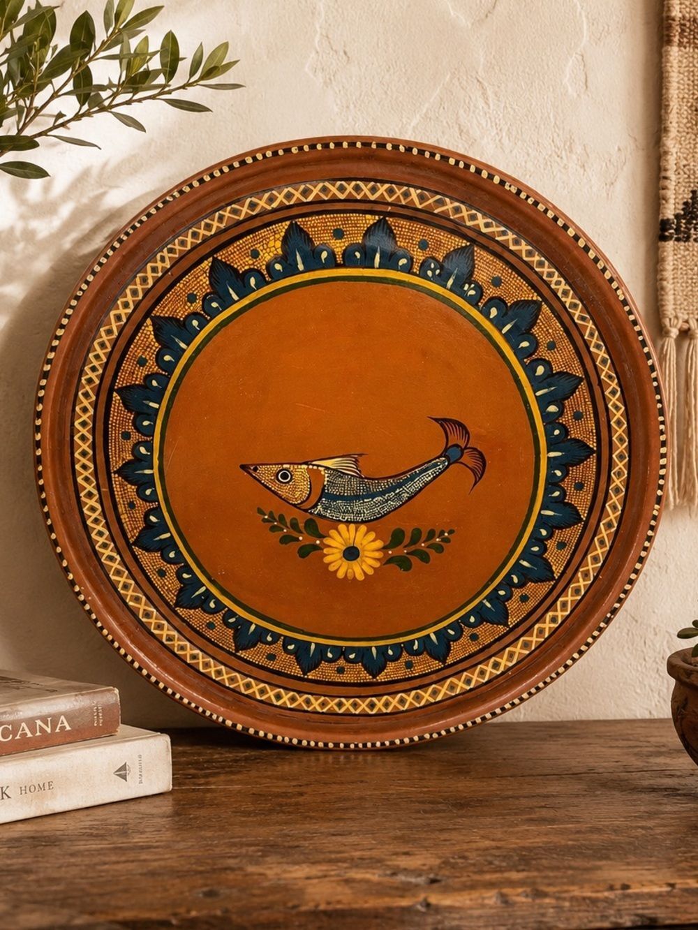 Mexican Folk Art Fish Wall Plate Terracotta Hand Painted Tlaquepaque 17.5”